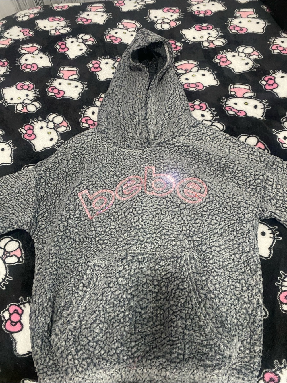 bebe Gray Sherpa Hoodie with Pink Logo